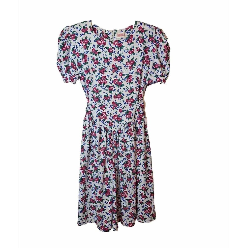 Polly Flinders‎ Girls Drop Waist Dress Pink Floral Sashes Puff Sleeve Sz ?? VTG